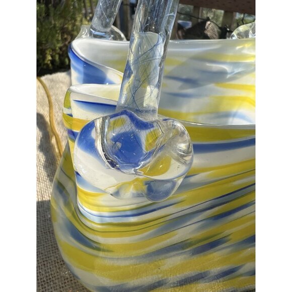 Hand-Blown Murano Glass Basket Lamp With Yellow & Blue Swirls - Unique Home Deco - Picture 7 of 8